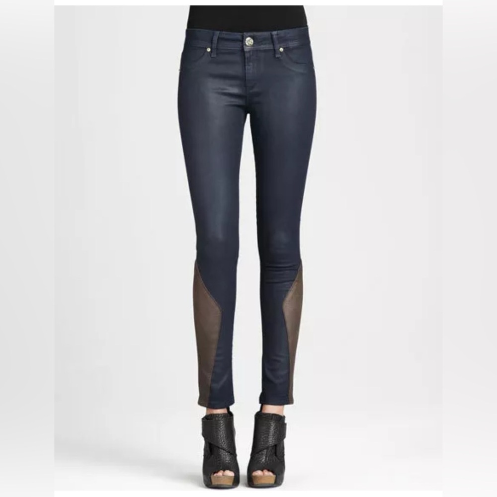 DL1961 Emma Low Rise Skinny Dark Blue Coated Leggings w Leather Detail 29 RARE
